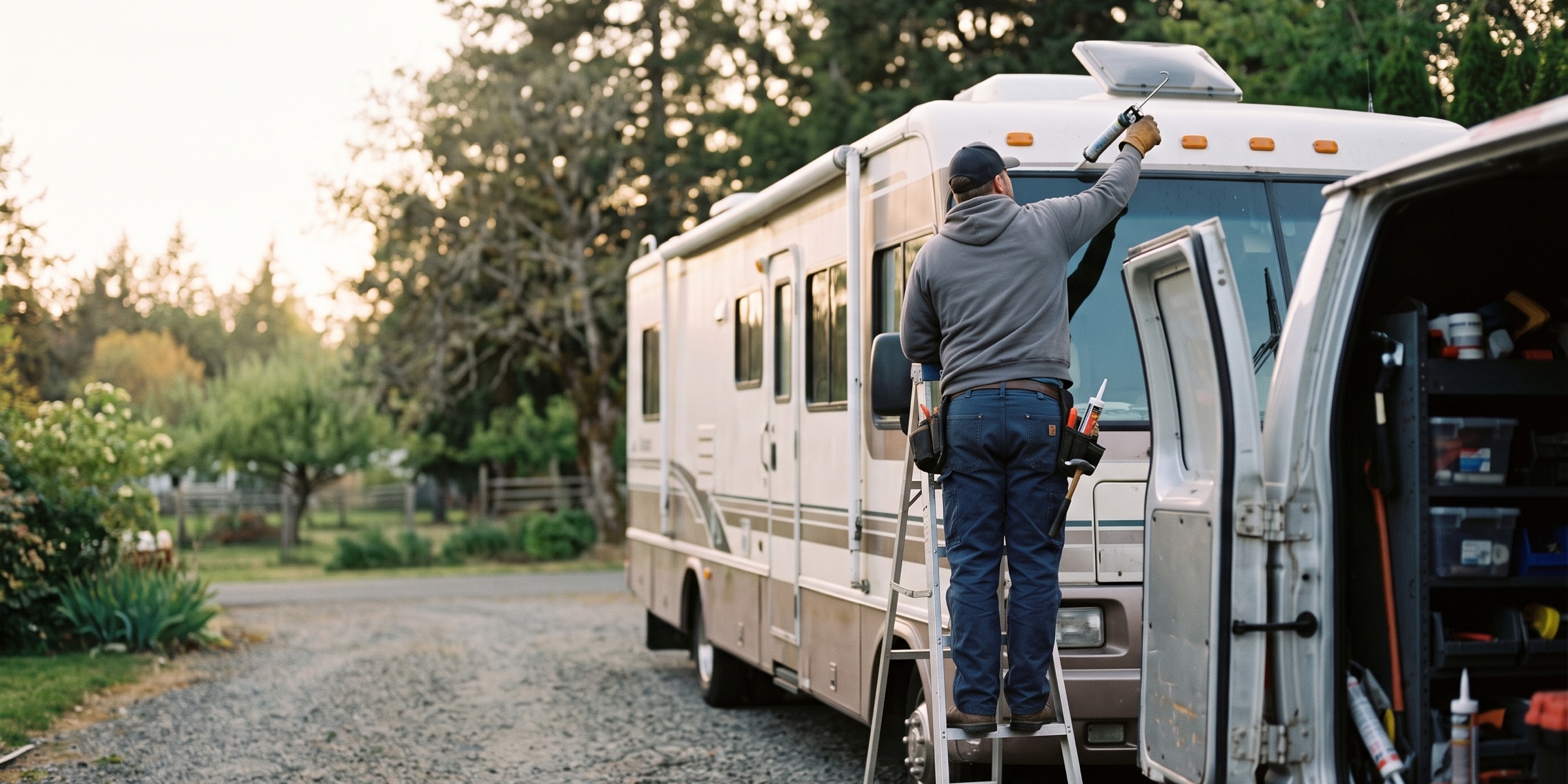 Mobile RV repair technician working on-site at an RV