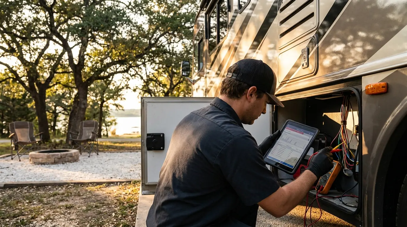 Mobile RV technician running on-site electrical diagnostics on a Class A motorhome at a Canyon Lake campsite