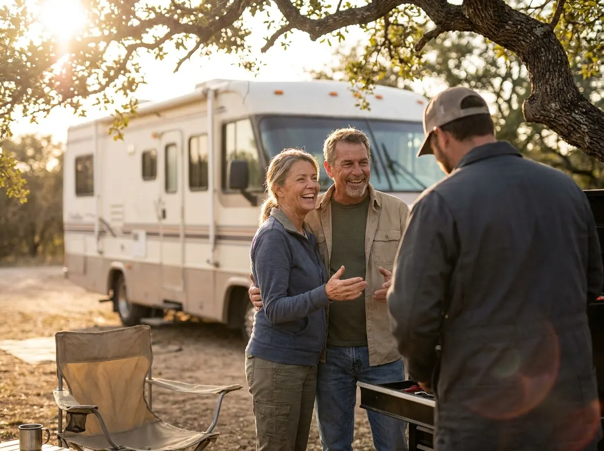 Happy RV owners talking with their mobile RV repair technician at a Central Texas campsite