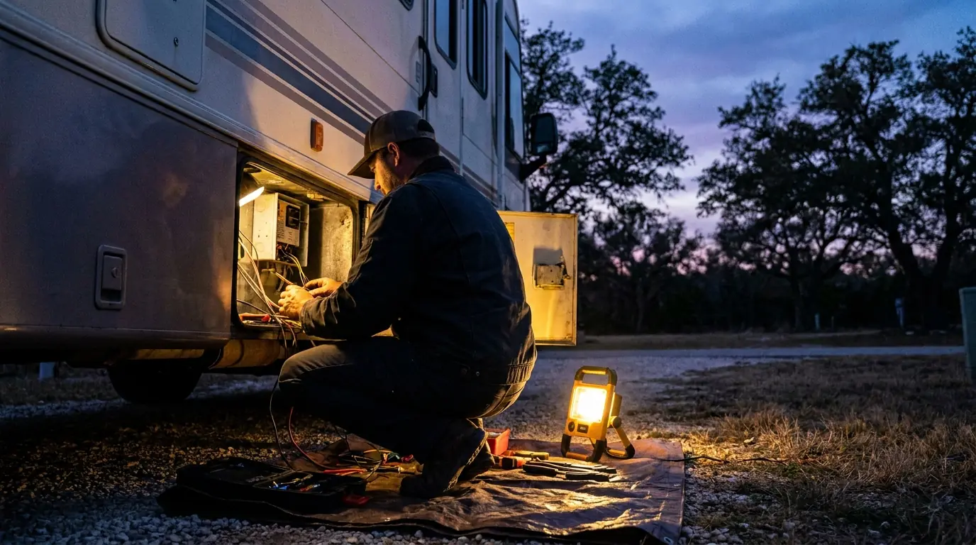 Independent local RV service professional making an after-hours emergency repair by work light at dusk