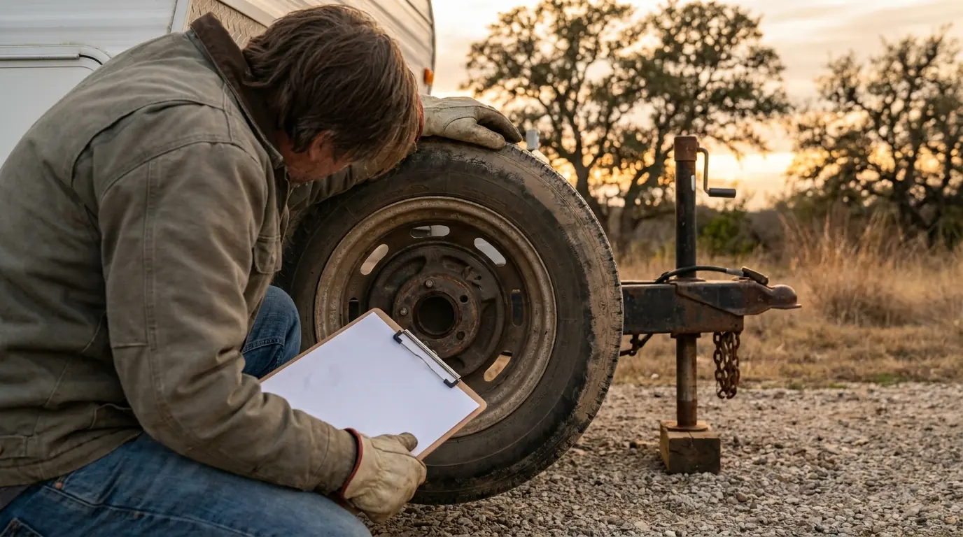 Independent local RV service professional inspecting a travel trailer tire and wheel during a pre-trip inspection
