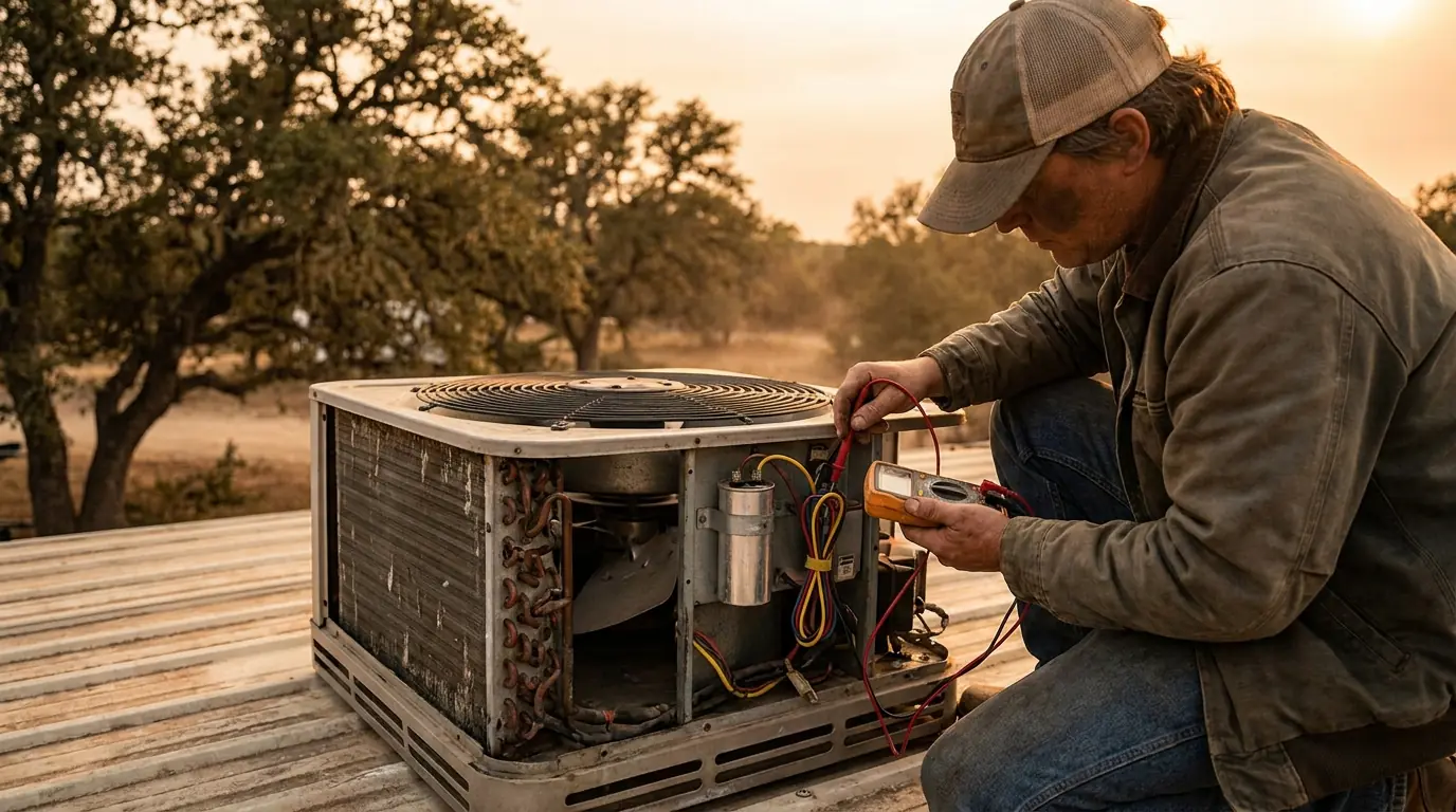 Independent local RV service professional testing a rooftop air conditioner's capacitor and fan motor on-site