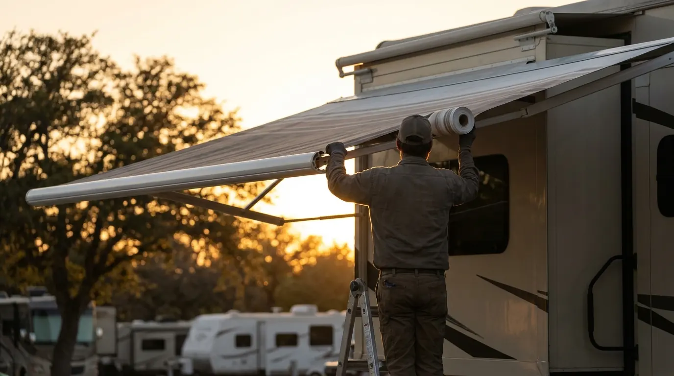Independent local RV service professional feeding new patio awning fabric onto the roller at a Texas RV park
