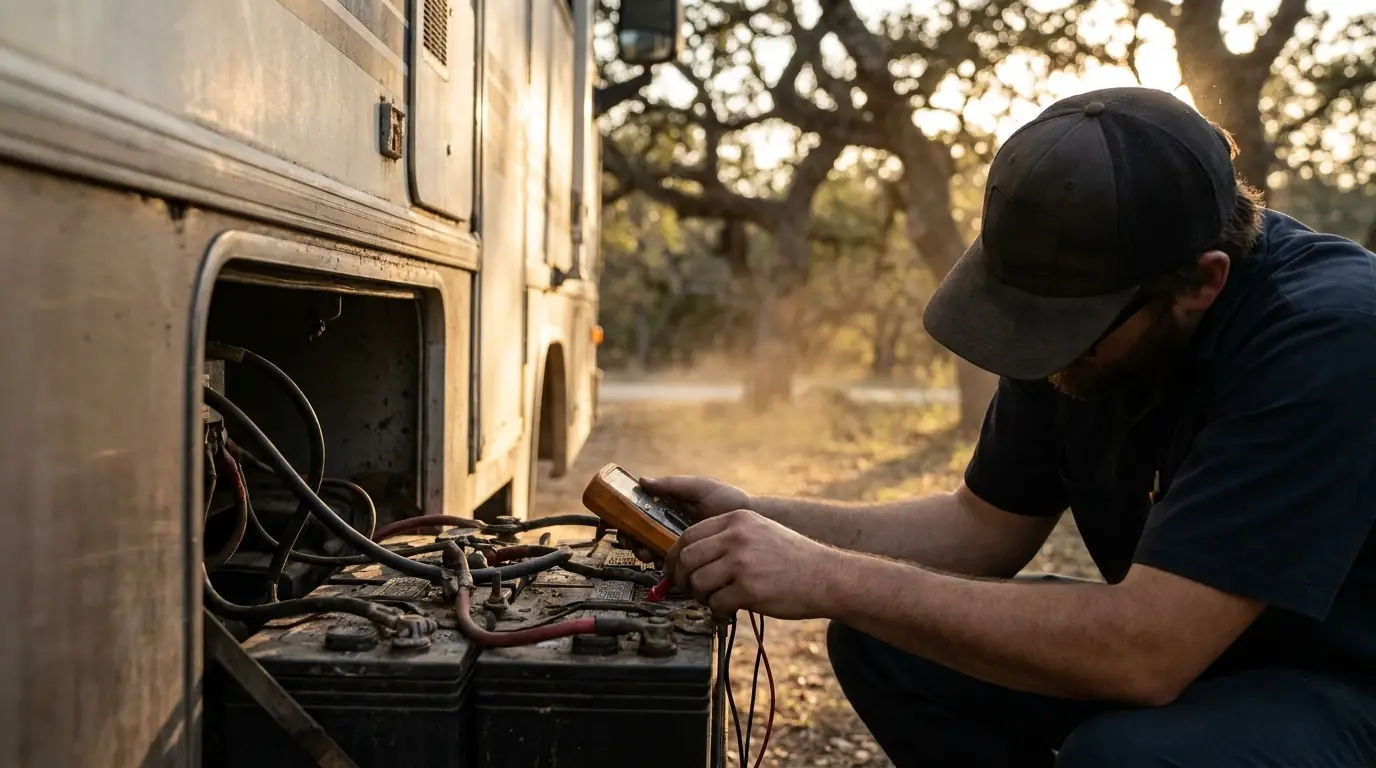 Independent local RV service professional testing an RV's deep-cycle house battery bank with a multimeter