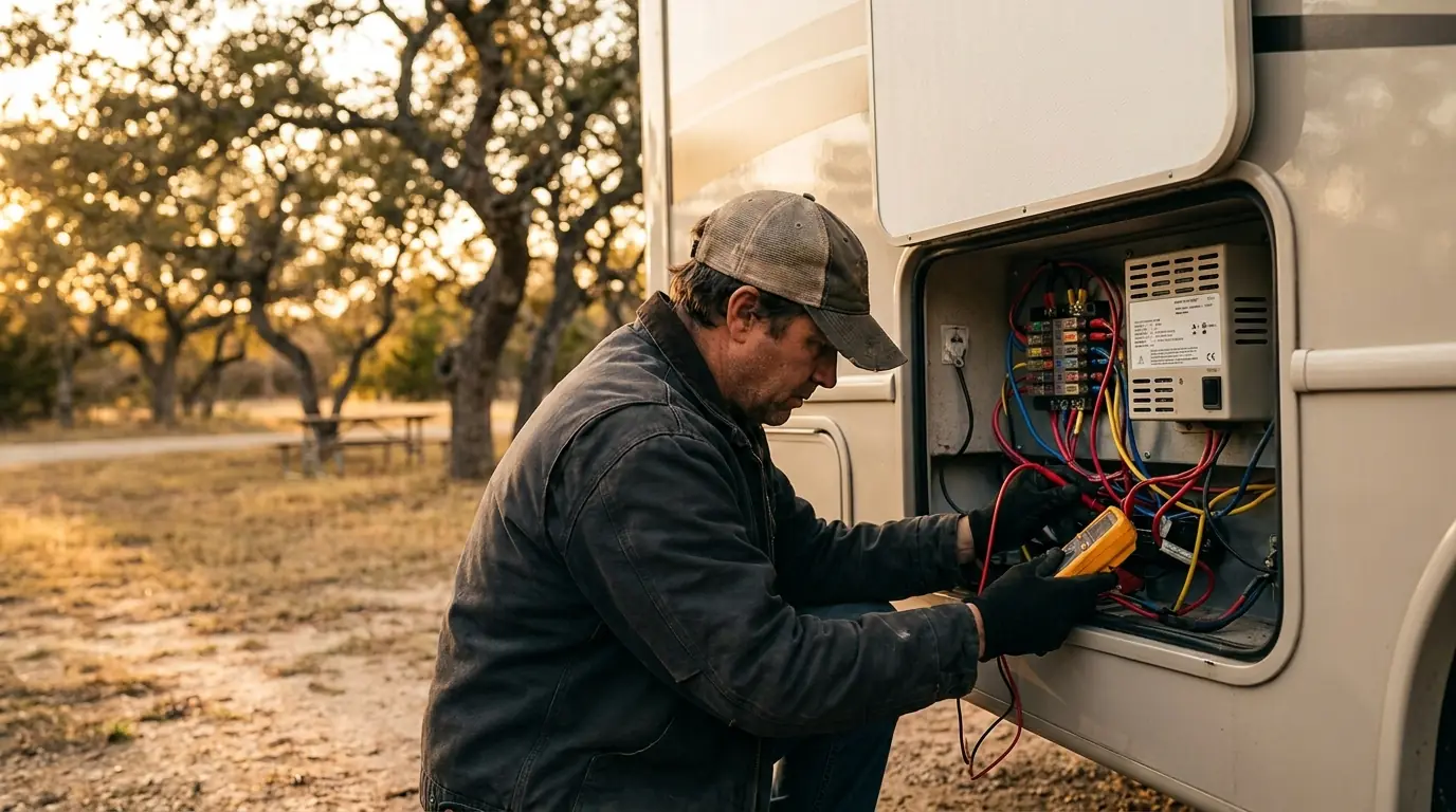 Independent local RV service professional testing 12-volt wiring and the fuse and converter panel with a multimeter
