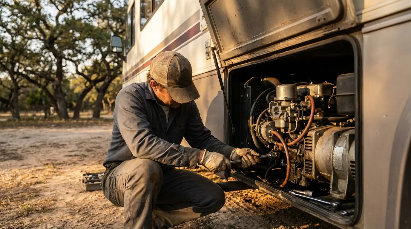 Independent local RV service professional servicing an onboard RV generator's carburetor and fuel system