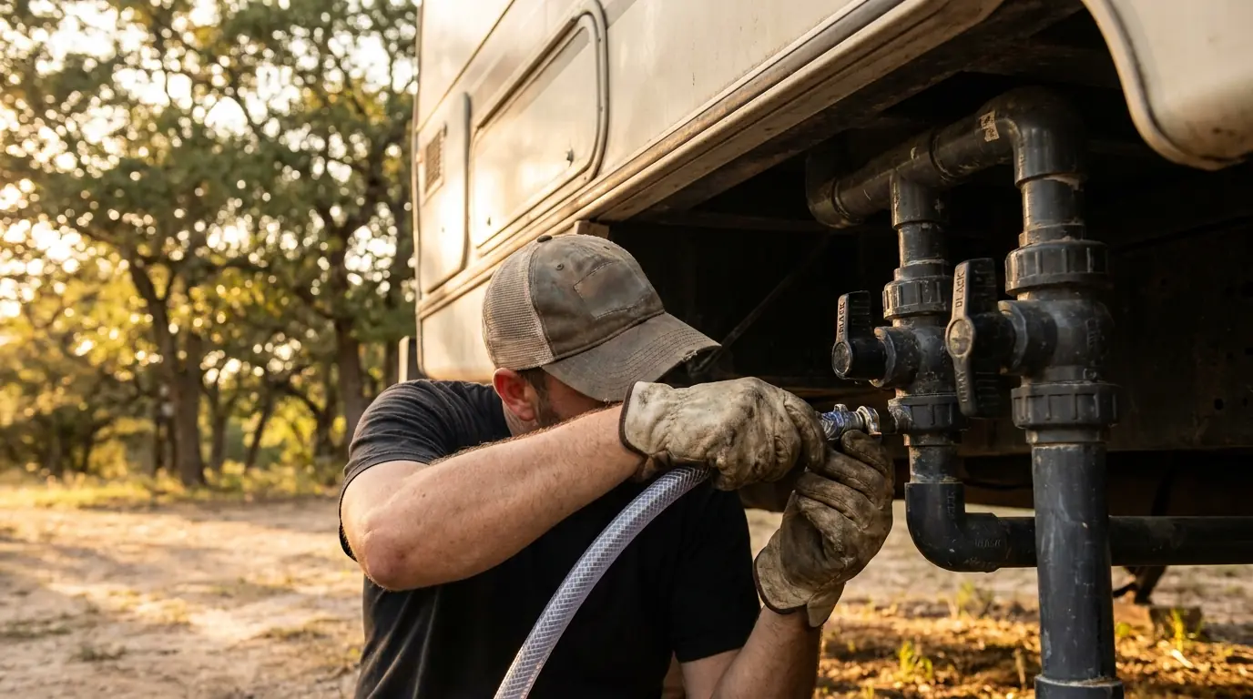 Independent local RV service professional flushing the black and gray holding-tank gate valves under an RV