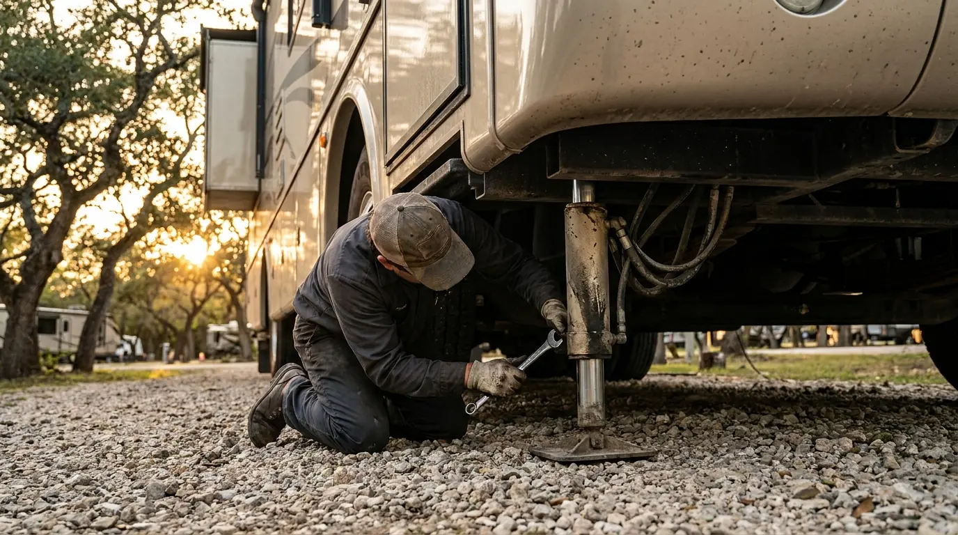 Independent local RV service professional repairing a hydraulic leveling jack on a Class A motorhome