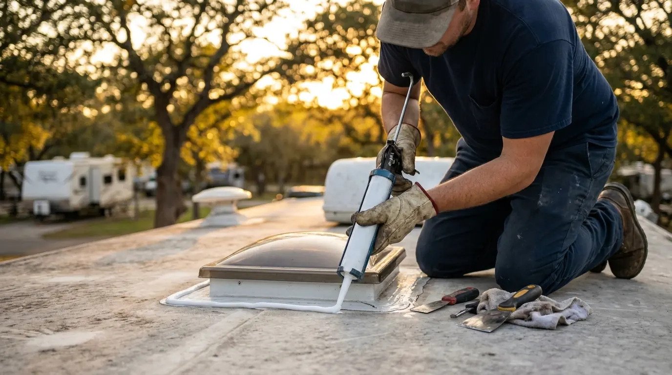 Independent local RV service professional resealing a roof vent during seasonal RV maintenance