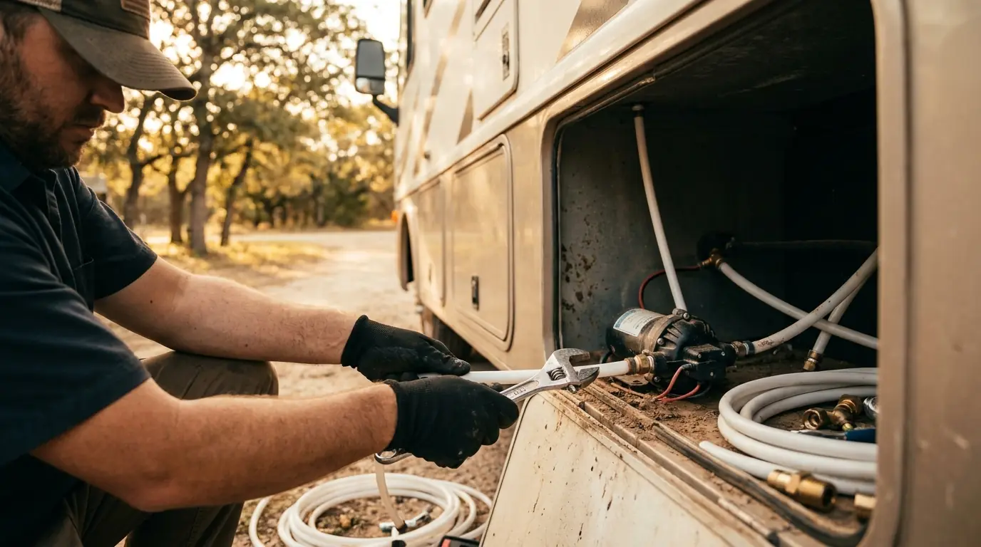 Independent local RV service professional repairing a PEX water line and water pump in an RV's water bay
