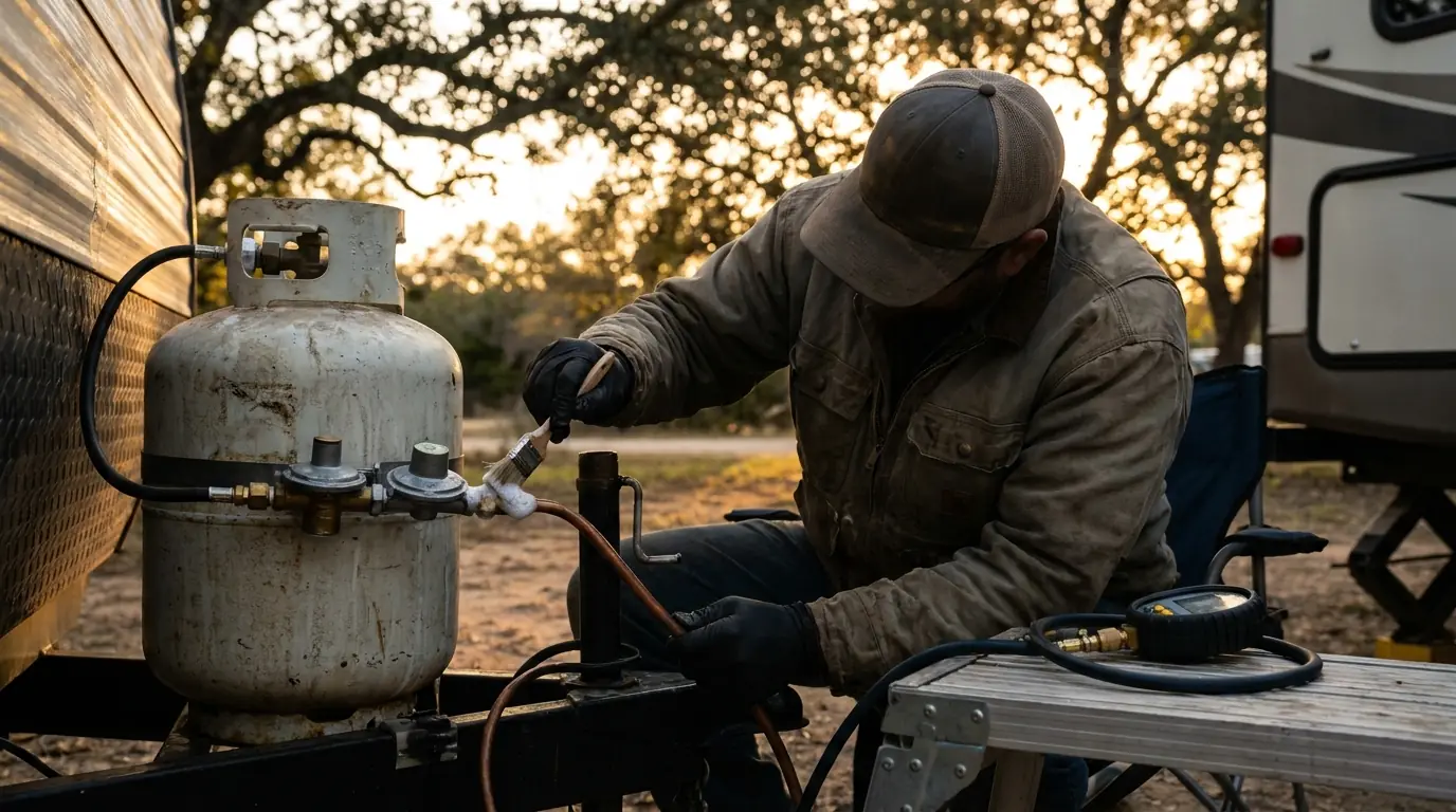 Independent local RV service professional leak-testing an RV propane regulator and gas fittings
