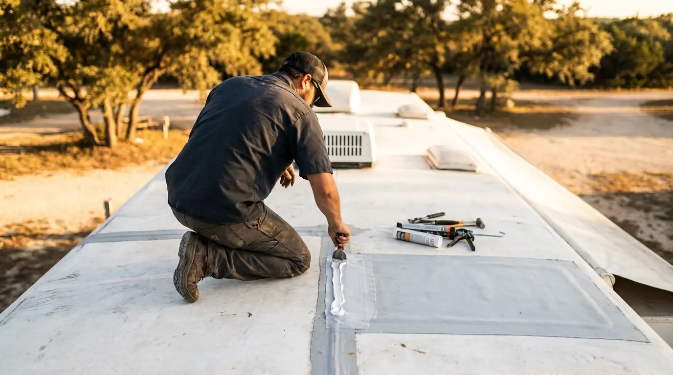Independent local RV service professional resealing a repaired roof seam with lap sealant at a Central Texas RV park