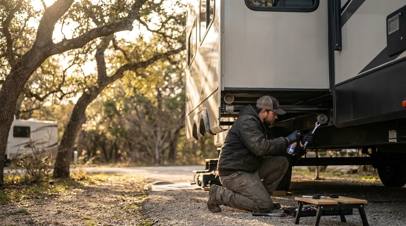 Independent local RV service professional servicing an extended slide-out room's gear rail at a Central Texas campsite