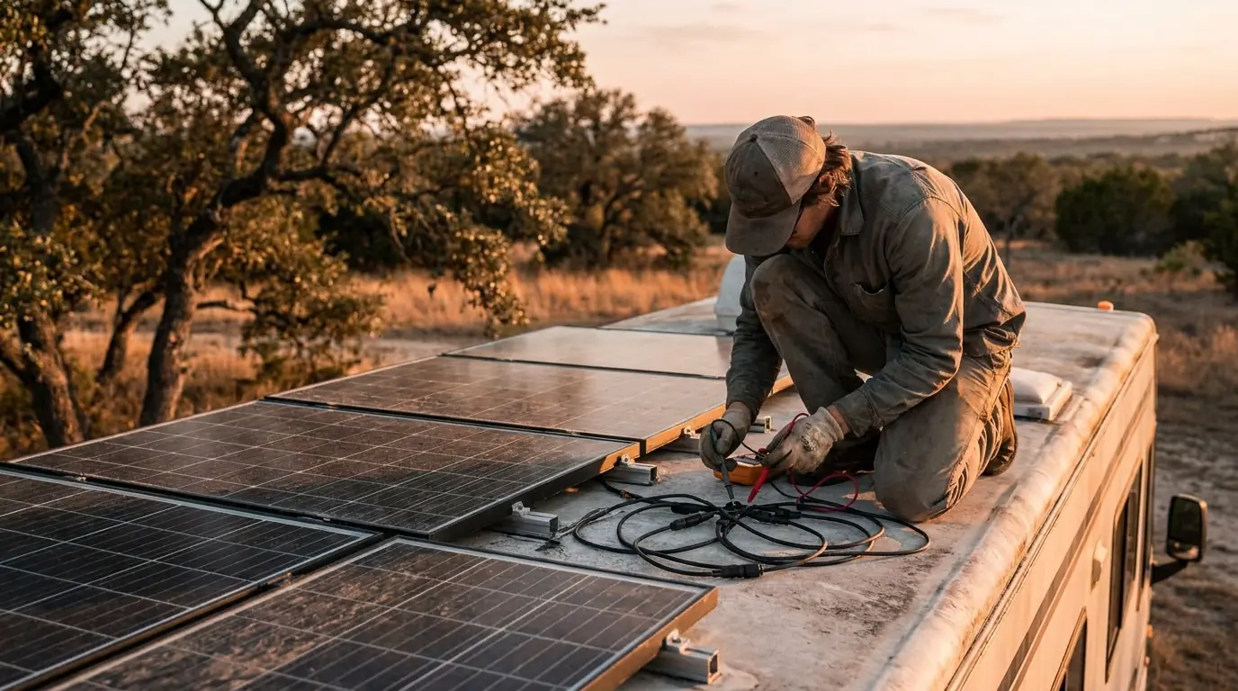 Independent local RV service professional checking rooftop solar panel wiring and connectors with a multimeter