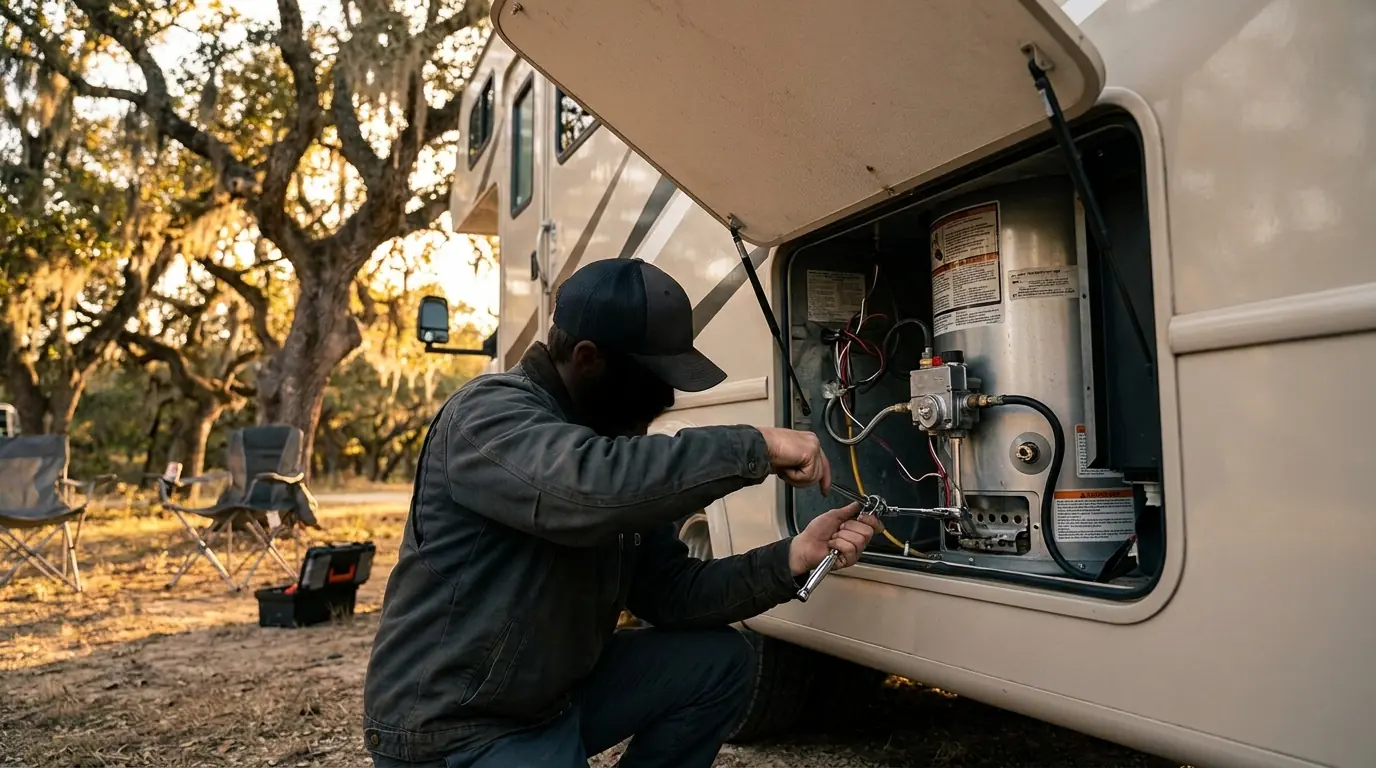 Independent local RV service professional servicing an RV water heater's element and gas valve at the access panel