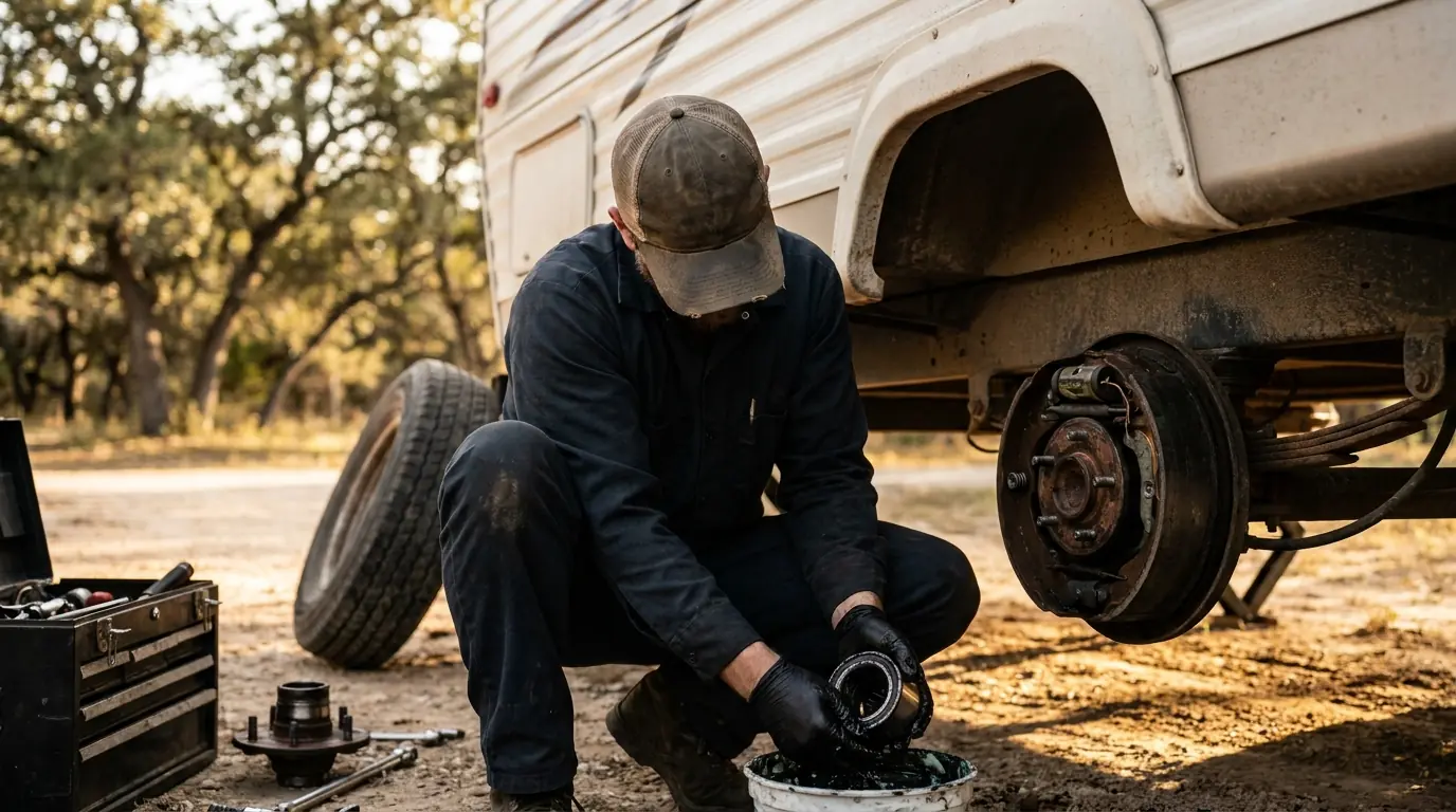 Independent local RV service professional repacking a trailer wheel bearing and inspecting the brake assembly